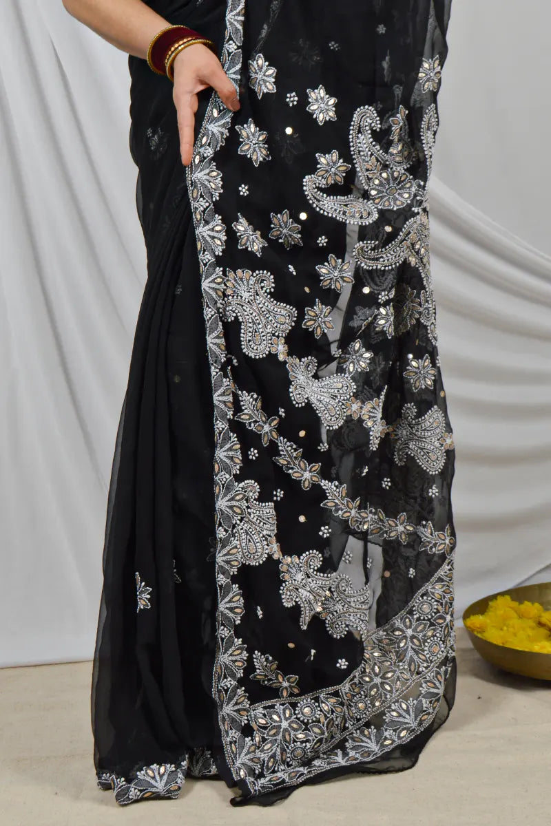 Black Color Georgette Gotapatti Lucknowi Chikankari Designer Saree Embroidery and Blouse – Perfect for Weddings & Festive Wear