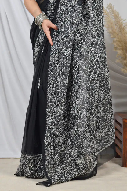 Black Georgette saree with Lucknowi Chikankari embroidery and unstitched blouse – handcrafted festive wear by Fabnuma