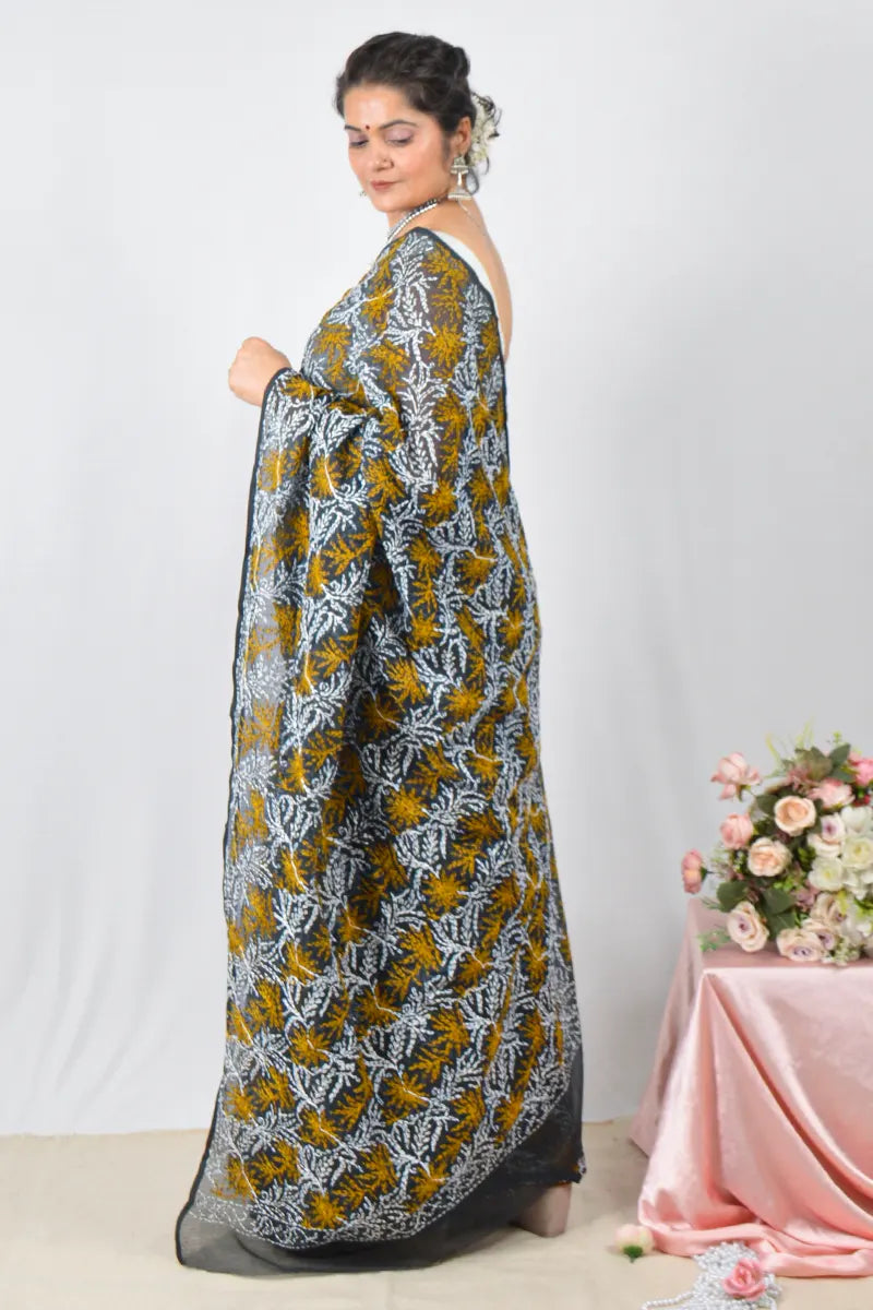 Black Kota cotton saree with hand-embroidered Lucknowi Chikankari and matching blouse – handcrafted ethnic saree by Fabnuma
