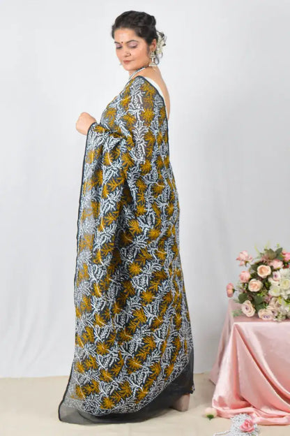 Black Kota cotton saree with hand-embroidered Lucknowi Chikankari and matching blouse – handcrafted ethnic saree by Fabnuma
