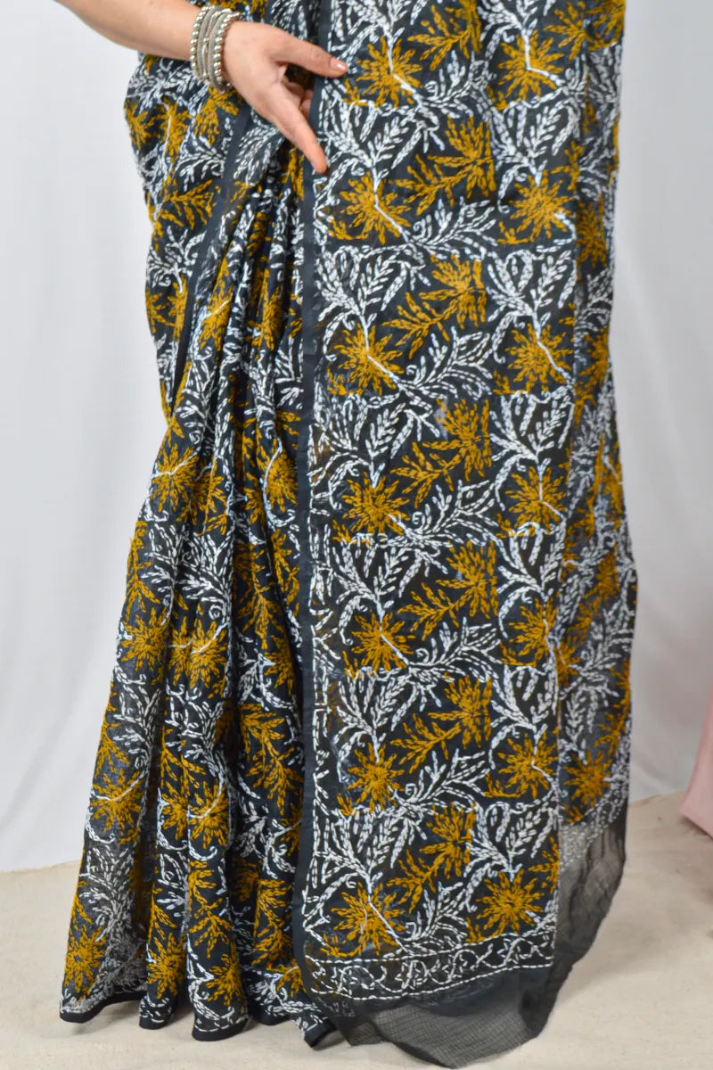 Black Kota cotton saree with hand-embroidered Lucknowi Chikankari and matching blouse – handcrafted ethnic saree by Fabnuma

