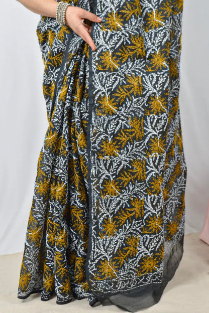 Black Kota cotton saree with hand-embroidered Lucknowi Chikankari and matching blouse – handcrafted ethnic saree by Fabnuma
