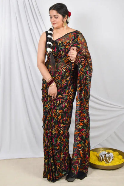 Black Georgette Tepchi Lucknowi Allover Embroidery and Blouse – Perfect for Weddings & Festive Wear