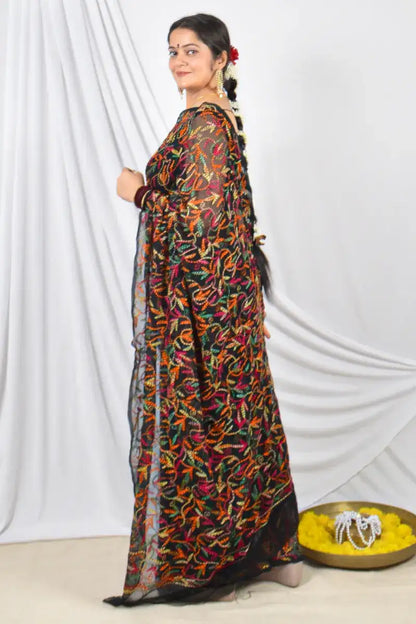 Black Georgette Tepchi Lucknowi Allover Embroidery and Blouse – Perfect for Weddings & Festive Wear