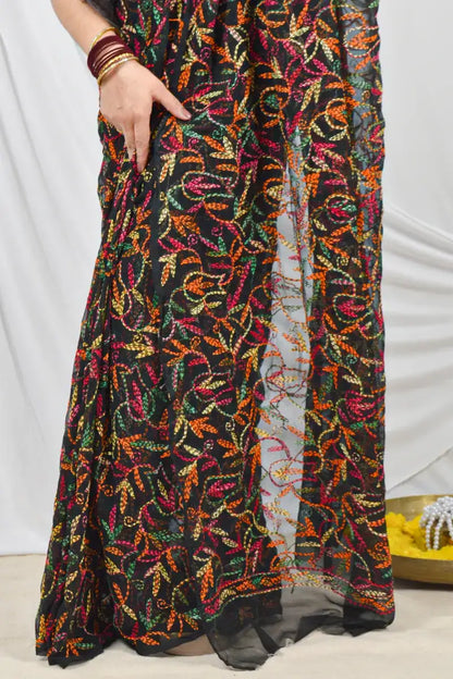 Black Georgette Tepchi Lucknowi Allover Embroidery and Blouse – Perfect for Weddings & Festive Wear