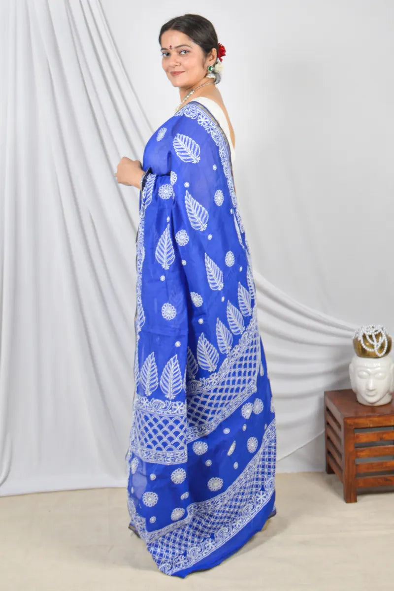 Fabnuma Handcrafted Blue Chanderi Lucknowi Chikankari Designer Saree with Blouse Lucknowi Chikankari