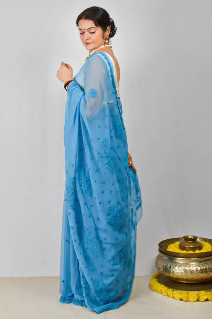 Blue Georgette saree with hand-embroidered Lucknowi Chikankari and matching blouse – handcrafted ethnic saree by MeMaana