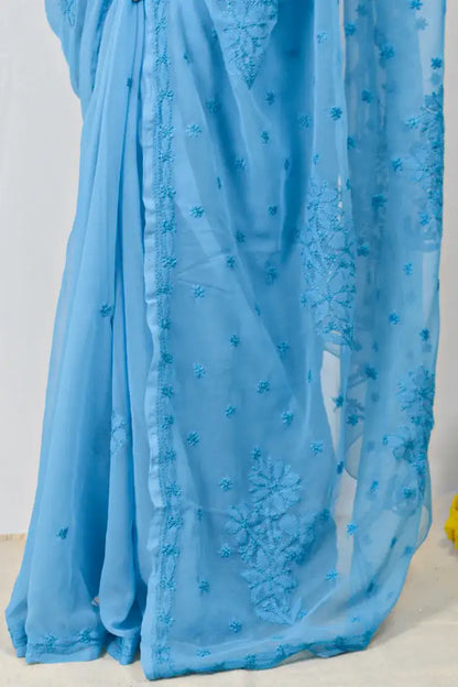 Blue Georgette saree with hand-embroidered Lucknowi Chikankari and matching blouse – handcrafted ethnic saree by MeMaana