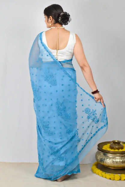 Blue Georgette saree with hand-embroidered Lucknowi Chikankari and matching blouse – handcrafted ethnic saree by MeMaana