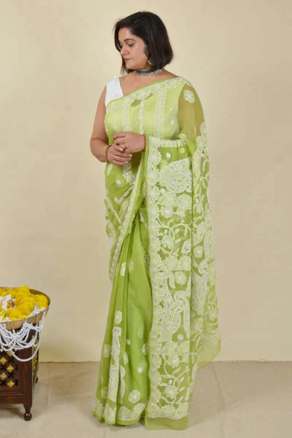 MeMaana Handcrafted Green Georgette Chikankari Saree with Blouse MeMaana