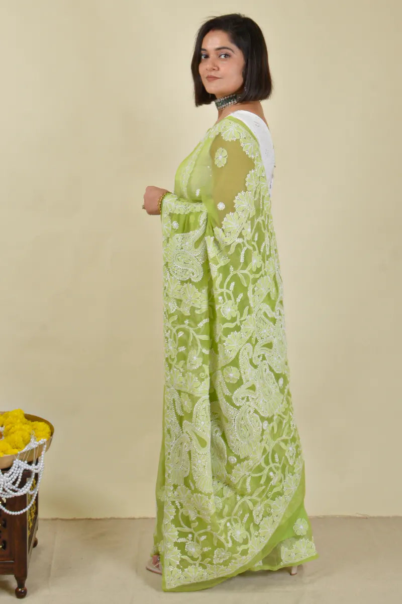 Fabnuma Handcrafted Green Georgette Chikankari Saree with Blouse Fabnuma
