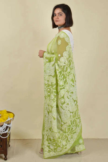 MeMaana Handcrafted Green Georgette Chikankari Saree with Blouse MeMaana