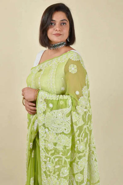MeMaana Handcrafted Green Georgette Chikankari Saree with Blouse MeMaana