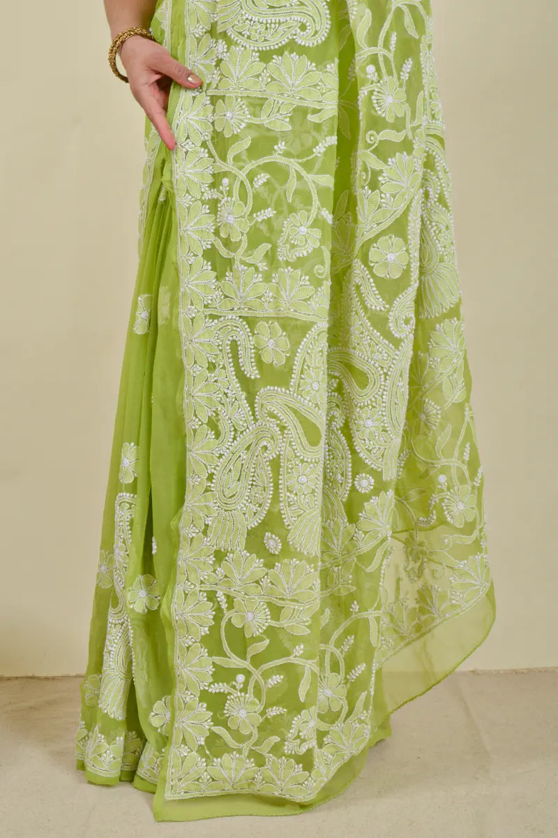 Fabnuma Handcrafted Green Georgette Chikankari Saree with Blouse Fabnuma