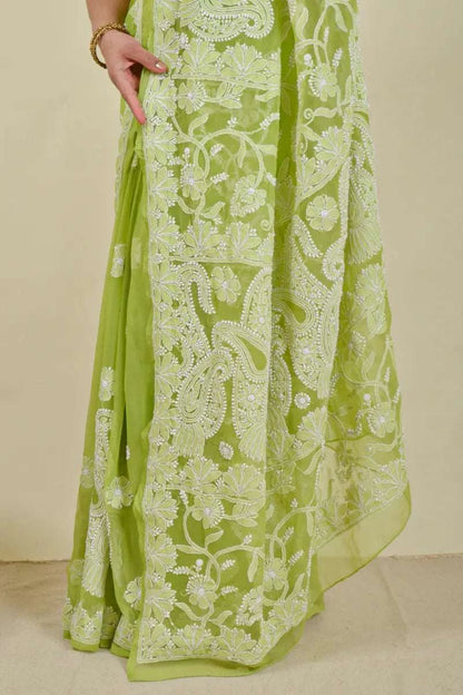 MeMaana Handcrafted Green Georgette Chikankari Saree with Blouse MeMaana