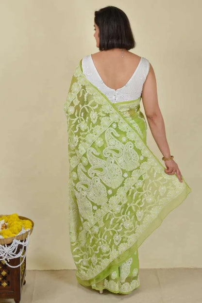 MeMaana Handcrafted Green Georgette Chikankari Saree with Blouse MeMaana