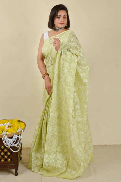 Fabnuma Handcrafted Green Kota Cotton Tepchi Chikankari Saree-Blouse Fabnuma