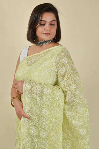 Fabnuma Handcrafted Green Kota Cotton Tepchi Chikankari Saree-Blouse Fabnuma