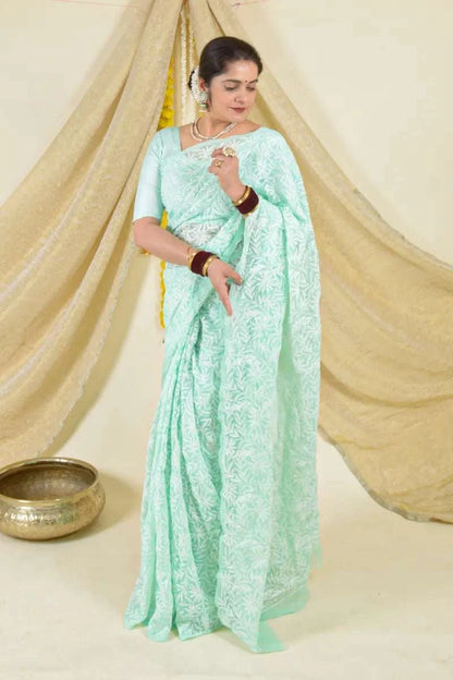 MeMaana Handcrafted Mint Green Georgette Tepchi Work Chikankari Saree-Blouse MeMaana