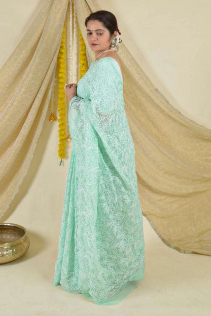 MeMaana Handcrafted Mint Green Georgette Tepchi Work Chikankari Saree-Blouse MeMaana