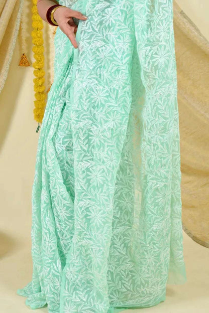 MeMaana Handcrafted Mint Green Georgette Tepchi Work Chikankari Saree-Blouse MeMaana