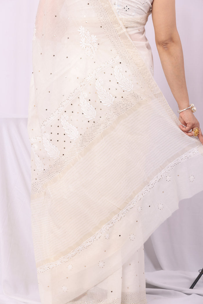 Fabnuma Handcrafted White Chanderi Chikankari Saree-Blouse Lucknowi Chikankari