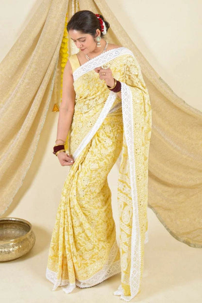 MeMaana Handcrafted Yellow Georgette Chikankari Saree with Blouse-Mukaish Work MeMaana