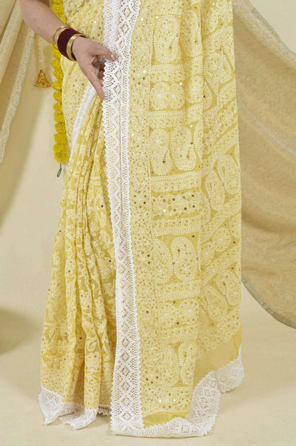 MeMaana Handcrafted Yellow Georgette Chikankari Saree with Blouse-Mukaish Work MeMaana