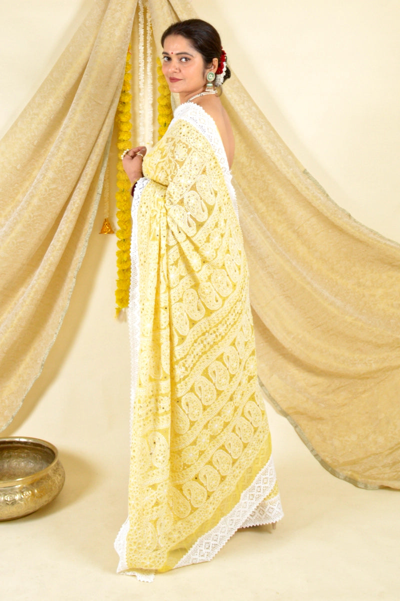 Fabnuma Handcrafted Yellow Georgette Chikankari Saree with Blouse-Mukaish Work Fabnuma