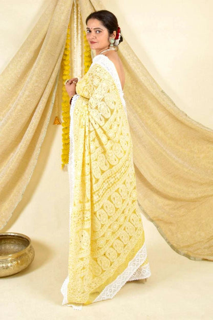 MeMaana Handcrafted Yellow Georgette Chikankari Saree with Blouse-Mukaish Work MeMaana