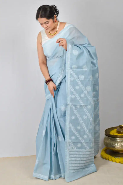 Gray Cotton saree with hand-embroidered Lucknowi Chikankari and matching blouse – handcrafted ethnic saree by MeMaana