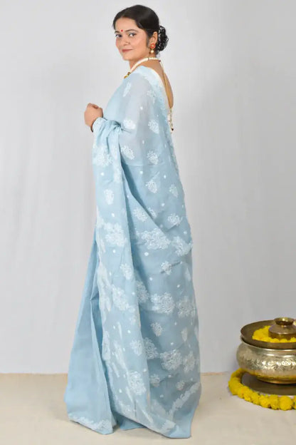 Gray Cotton saree with hand-embroidered Lucknowi Chikankari and matching blouse – handcrafted ethnic saree by MeMaana