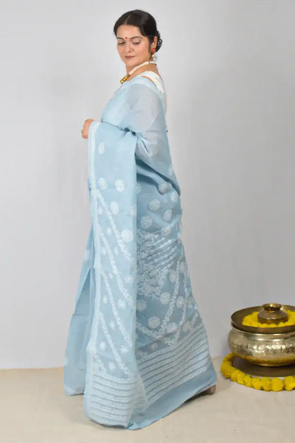 Gray Cotton saree with hand-embroidered Lucknowi Chikankari and matching blouse – handcrafted ethnic saree by MeMaana