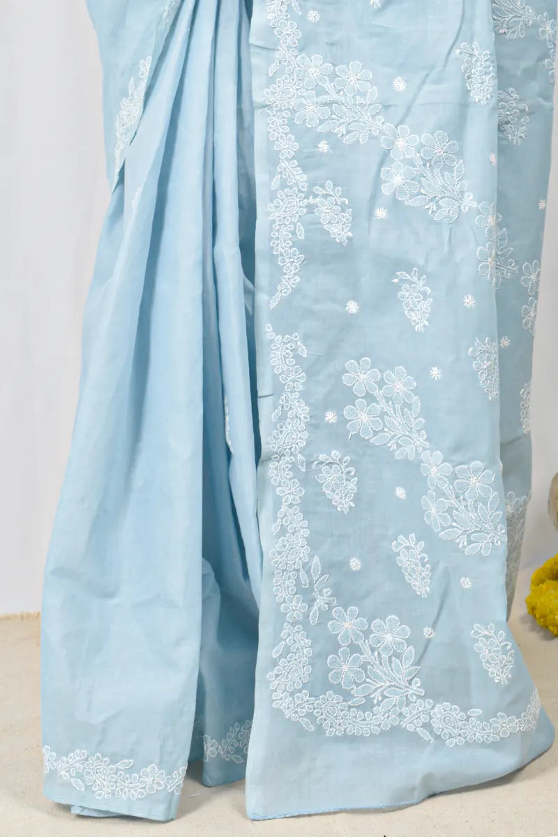 Gray Cotton saree with hand-embroidered Lucknowi Chikankari and matching blouse – handcrafted ethnic saree by MeMaana
