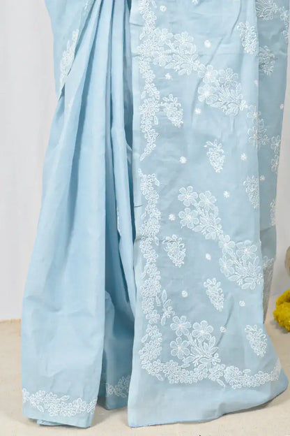 Gray Cotton saree with hand-embroidered Lucknowi Chikankari and matching blouse – handcrafted ethnic saree by MeMaana