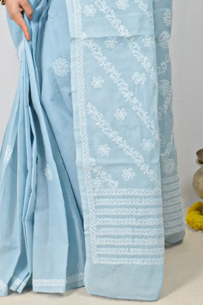 Gray Cotton saree with hand-embroidered Lucknowi Chikankari and matching blouse – handcrafted ethnic saree by MeMaana