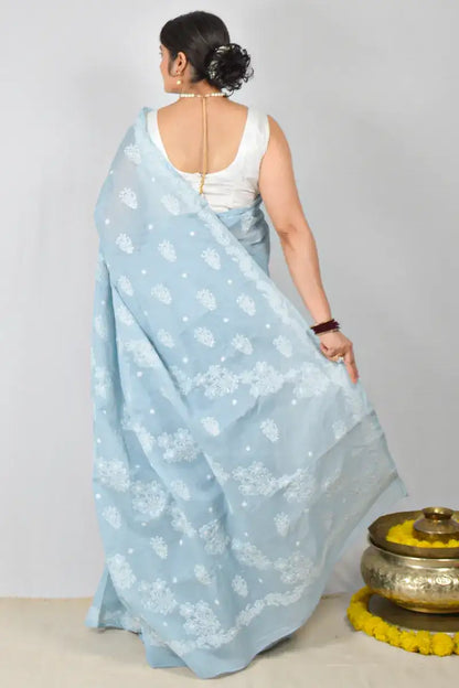Gray Cotton saree with hand-embroidered Lucknowi Chikankari and matching blouse – handcrafted ethnic saree by MeMaana