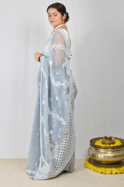 Gray georgette saree with hand-embroidered Lucknowi Chikankari and matching blouse – handcrafted ethnic saree by MeMaana