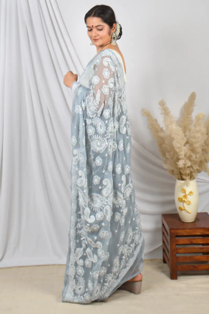 Fabnuma Handcrafted Gray Georgette Pearl Work Lucknowi Chikankari Designer Saree with Blouse
