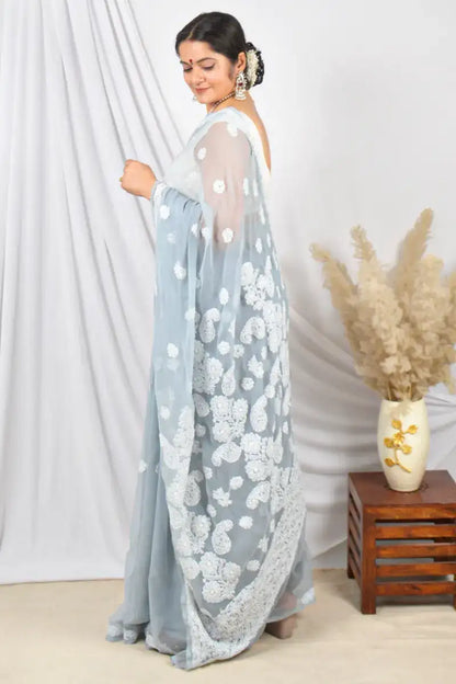 Fabnuma Handcrafted Gray Georgette Lucknowi Chikankari Saree with Blouse Chikankari