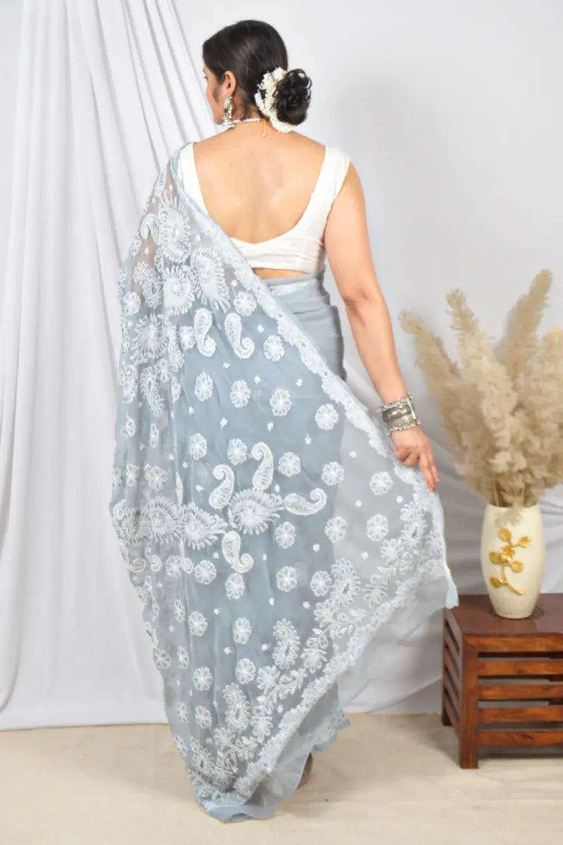 Fabnuma Handcrafted Gray Georgette Pearl Work Lucknowi Chikankari Designer Saree with Blouse