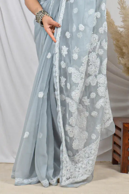Fabnuma Handcrafted Gray Georgette Lucknowi Chikankari Saree with Blouse Chikankari