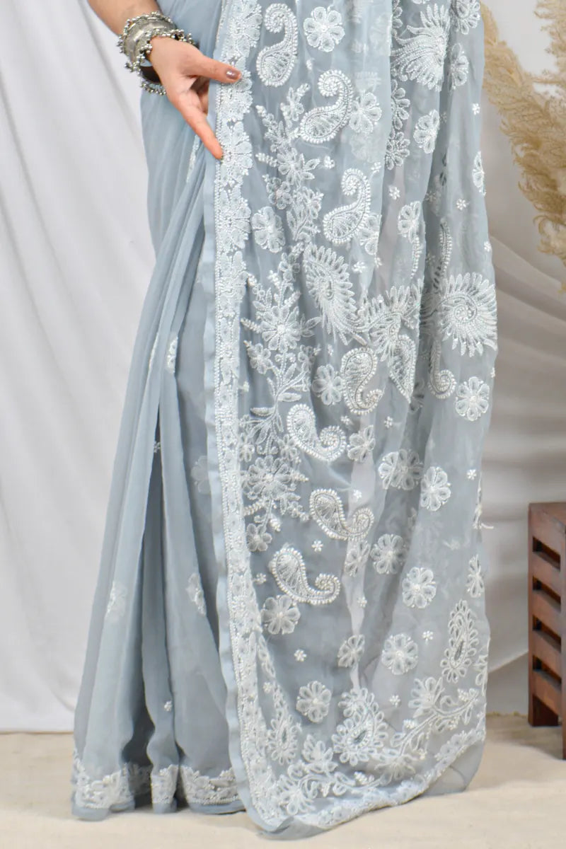 Fabnuma Handcrafted Gray Georgette Pearl Work Lucknowi Chikankari Designer Saree with Blouse