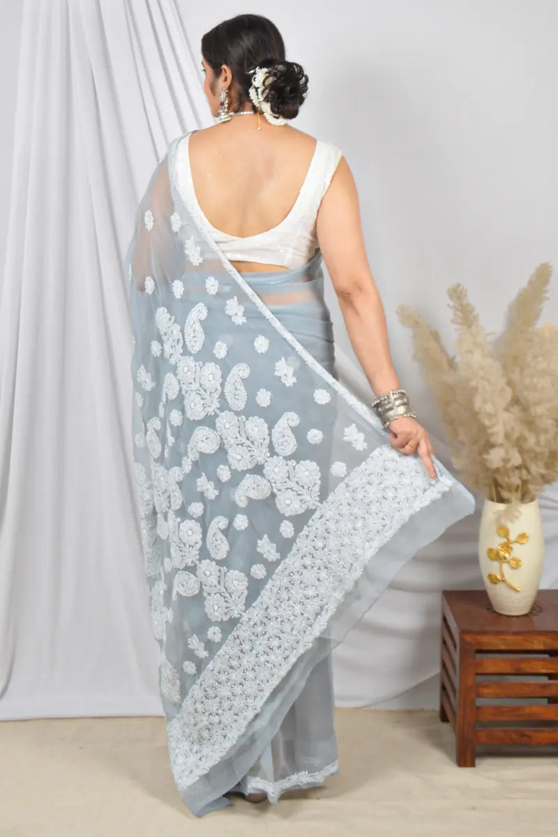 Fabnuma Handcrafted Gray Georgette Lucknowi Chikankari Saree with Blouse Chikankari