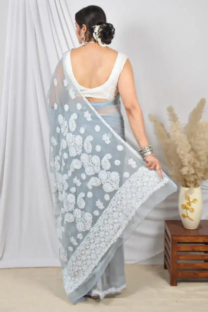 Fabnuma Handcrafted Gray Georgette Lucknowi Chikankari Saree with Blouse Chikankari