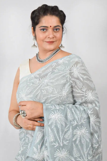 Gray Kota cotton saree with handcrafted Lucknowi Chikankari embroidery and matching blouse – ethnic wear by Fabnuma