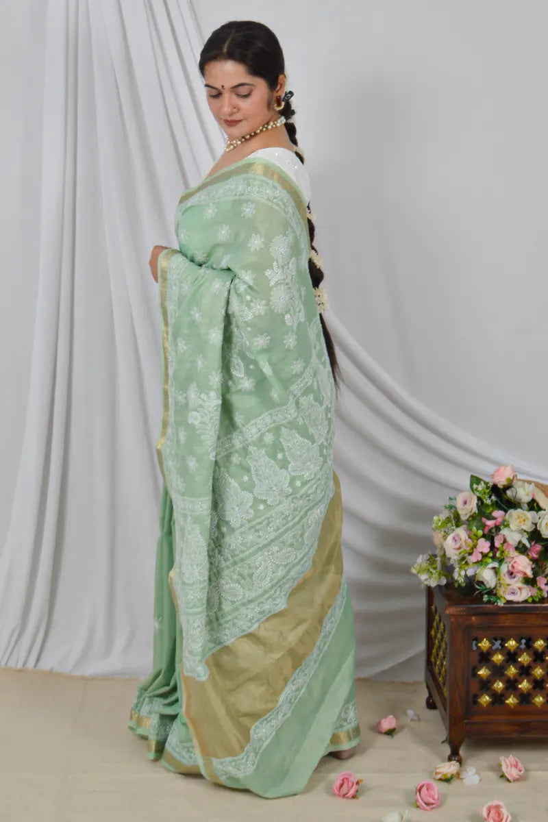 Fabnuma Handcrafted Green Border Palla Chanderi Cotton Saree with Blouse Lucknowi Chikankari