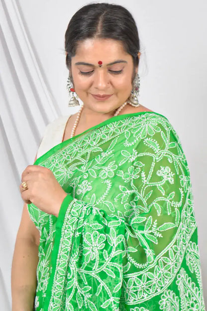 Fabnuma Handcrafted Green Halfjaal Georgette Lucknowi Chikankari Saree with Blouse