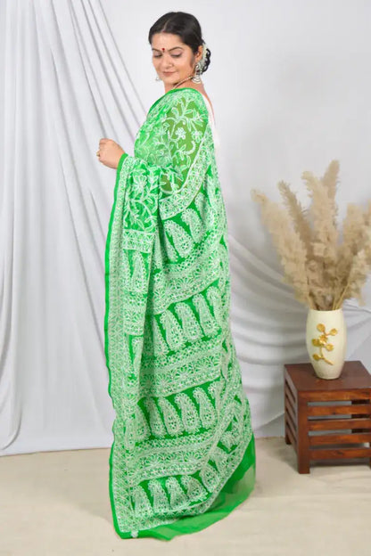 Fabnuma Handcrafted Green Halfjaal Georgette Lucknowi Chikankari Saree with Blouse