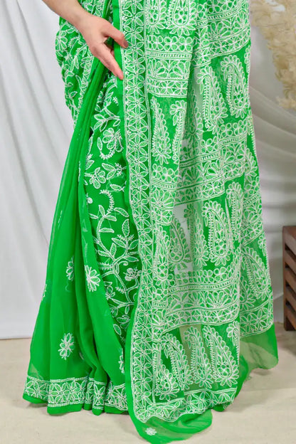 Fabnuma Handcrafted Green Halfjaal Georgette Lucknowi Chikankari Saree with Blouse